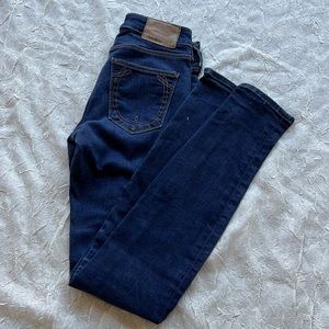 True Religion Vintage Dark Blue Front Zip Jeans with Leg Zip Size 23